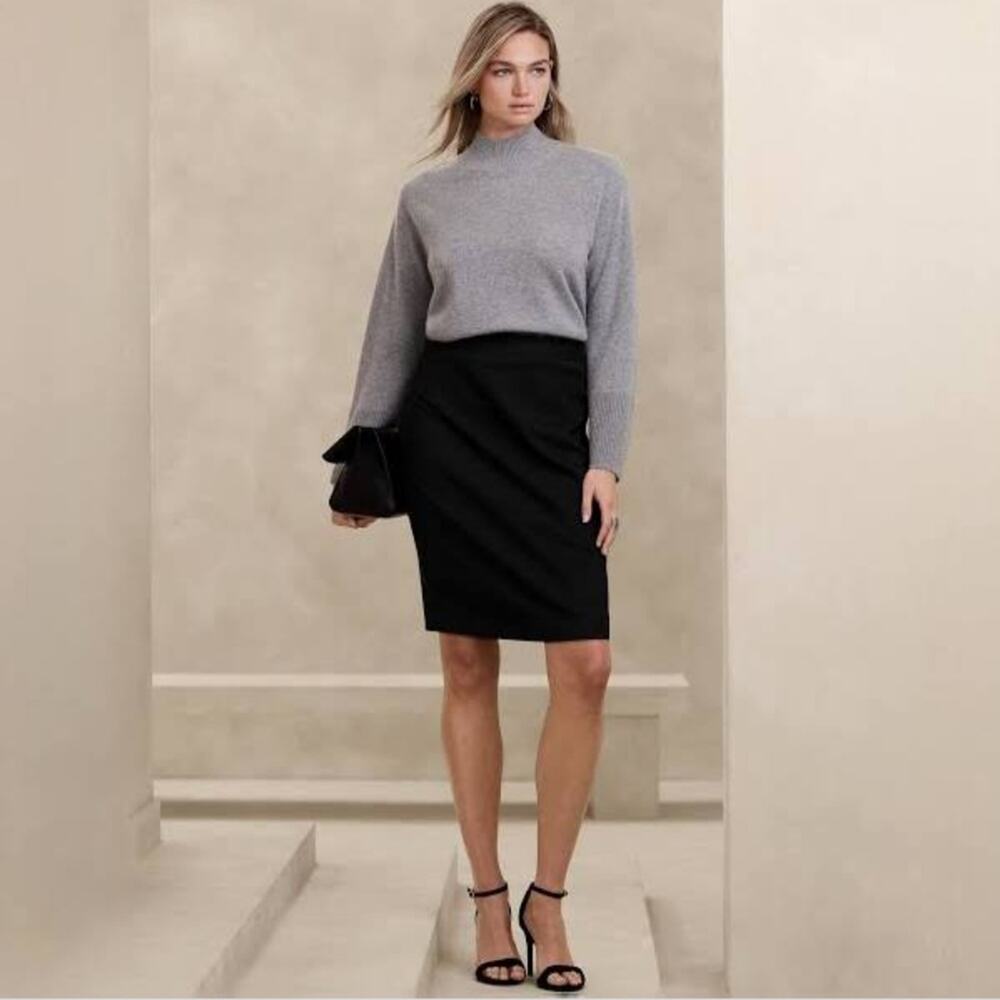 Vtg Charter Club Pencil Skirt Womens Sz 10 Black Retro Belted Zip Slit Rayon NEW